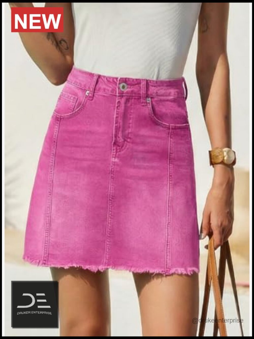High Waist Stretch Denim Skirt Raw Hem Zip Fly - Picture 6 of 7